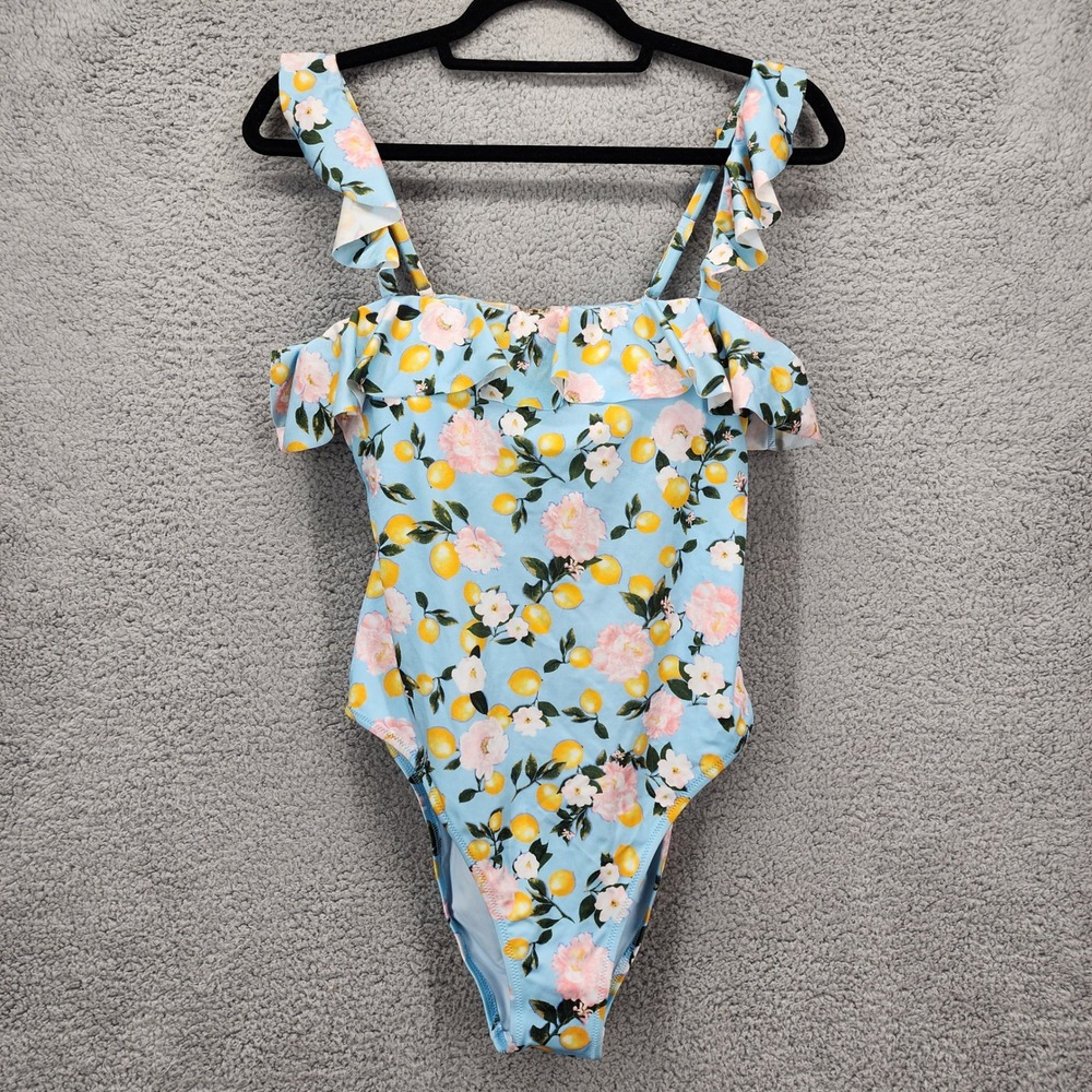 Victoria's Secret Large One Piece Swimsuit Blue Lemon Floral‎ Ruffle Swimwear